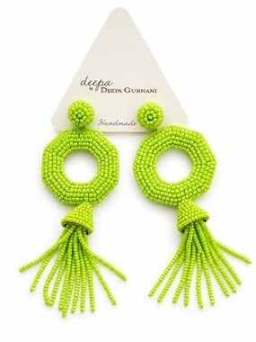 NWT Deepa by Deepa Gurnani Neon Lime Beaded Tassel Statement Earrings